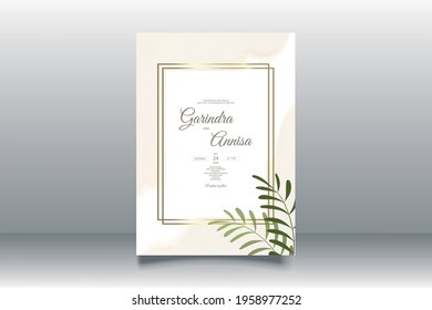 Wedding invitation card template set with beautiful leaves Premium Vector