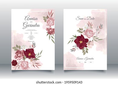   Wedding invitation card template set with beautiful  floral leaves Premium Vector