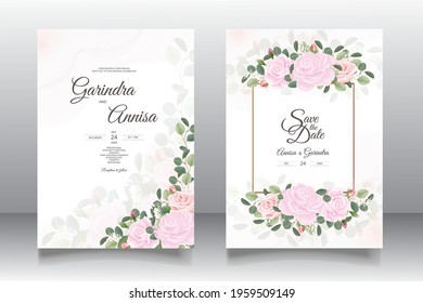   Wedding invitation card template set with beautiful  floral leaves Premium Vector