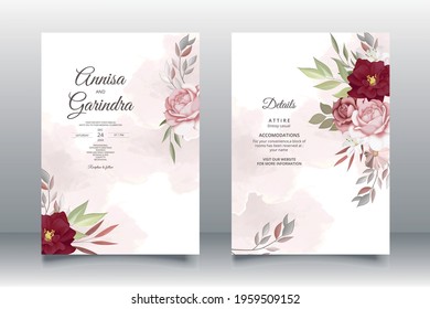   Wedding invitation card template set with beautiful  floral leaves Premium Vector