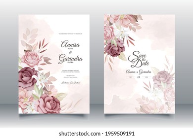  Wedding invitation card template set with beautiful  floral leaves Premium Vector