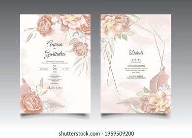   Wedding invitation card template set with beautiful  floral leaves Premium Vector