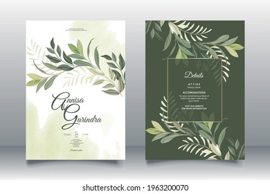 Wedding invitation card template set with beautiful leaves Premium Vector