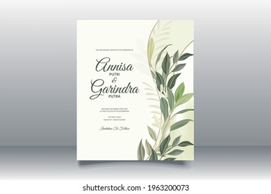  Wedding invitation card template set with beautiful leaves Premium Vector