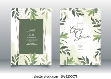  Wedding invitation card template set with beautiful leaves Premium Vector