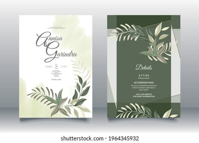  Wedding invitation card template set with beautiful  leaves Premium Vector