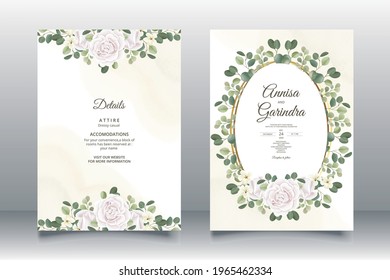   Wedding invitation card template set with beautiful  floral leaves Premium Vector