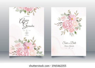   Plantilla de la tarjeta de invitación de boda con bellas hojas florales Premium Vector