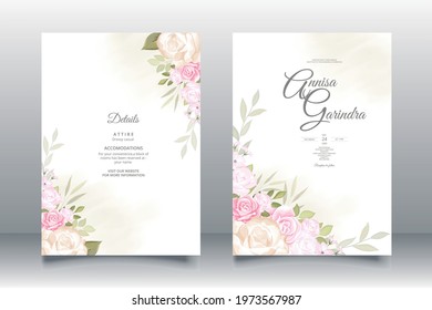  Wedding invitation card template set with beautiful  floral leaves Premium Vector