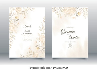  Wedding invitation card template set with beautiful  floral leaves Premium Vector