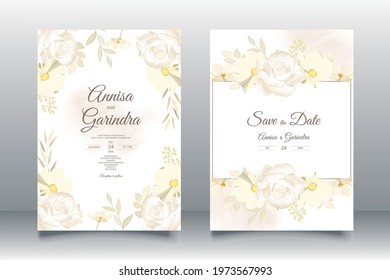  Wedding invitation card template set with beautiful  floral leaves Premium Vector