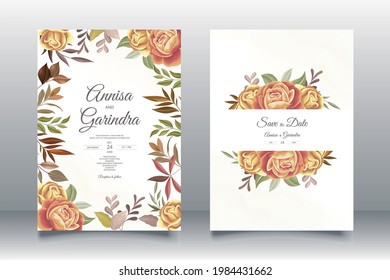  Wedding invitation card template set with beautiful  autumn floral leaves Premium Vector