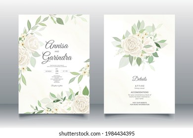 plantilla de tarjeta de invitación de boda con floral blanca hermosa y plantilla de hojas Premium Vector