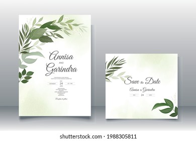  wedding invitation card template set with beautiful  leaves Premium Vector