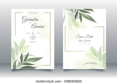  plantilla de tarjeta de invitación de boda establecida con hojas hermosas Premium Vector
