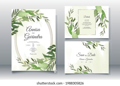  wedding invitation card template set with beautiful  leaves Premium Vector