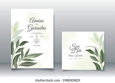 wedding invitation card template set with beautiful  leaves Premium Vector