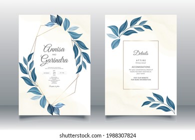 wedding invitation card template set with beautiful blue  leaves Premium Vector