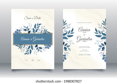 wedding invitation card template set with beautiful blue  leaves Premium Vector