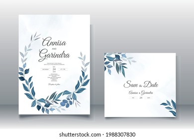 wedding invitation card template set with beautiful blue  leaves Premium Vector