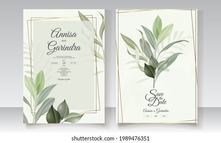  wedding invitation card template set with beautiful  leaves Premium Vector