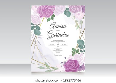  Wedding invitation card template set with beautiful purple floral leaves Premium Vector