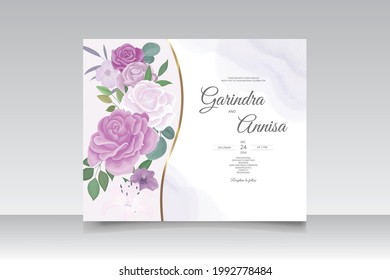  Wedding invitation card template set with beautiful purple floral leaves Premium Vector