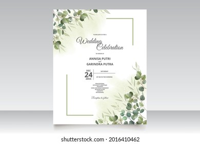 Plantilla de la tarjeta de invitación de bodas con hermosas hojas de eucalipto Premium Vector