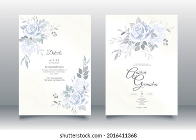  Wedding invitation card template set with beautiful  blue floral leaves Premium Vector