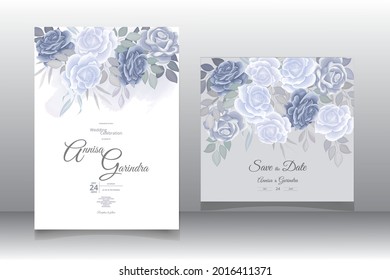  Wedding invitation card template set with beautiful  blue floral leaves Premium Vector