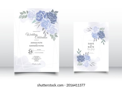  Wedding invitation card template set with beautiful  blue floral leaves Premium Vector