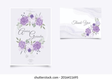 Wedding invitation card template set with beautiful  purple  floral leaves Premium Vector
