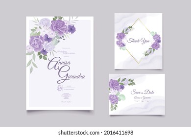 Wedding invitation card template set with beautiful  purple  floral leaves Premium Vector