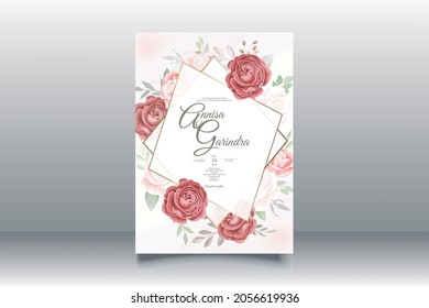  Wedding invitation card template set with beautiful  floral leaves Premium Vector