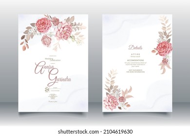 wedding invitation card template set with beautiful floral leaves Premium Vector	