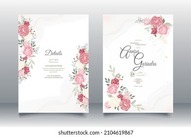 wedding invitation card template set with beautiful floral leaves Premium Vector	
