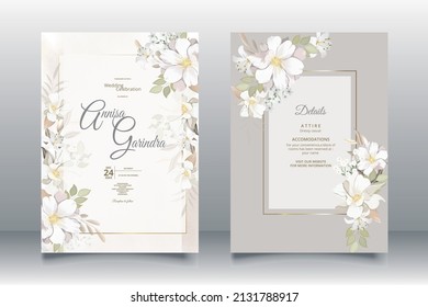 Wedding invitation card template set with beautiful  white floral leaves Premium Vector