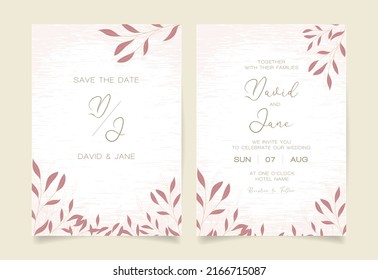 wedding invitation card template set with leaf decoration. Abstract texture background save date, invitation, greeting card, multipurpose vector
