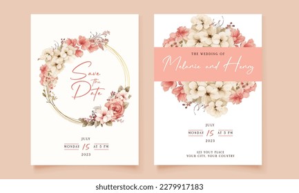 Wedding invitation card template set with flower bouquet. Peach roses with fluid background. Floral illustration for save the date, greeting, poster, cover vector