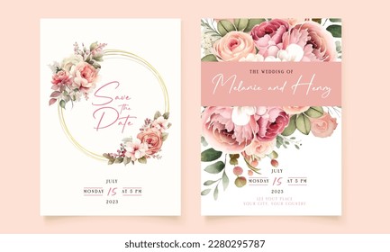 Plantilla de la tarjeta de invitación de boda con ramo de flores. Pase rosas con el fondo del líquido. Ilustración floral para guardar la fecha, saludo, afiche, portada vectorial