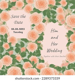 Wedding invitation card template set with flower frame and border pastel peach roses botanic vector illustration 