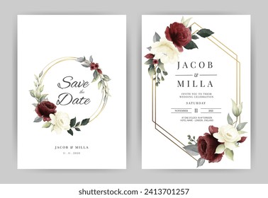 Wedding invitation card template set with flower red and white rose  watercolor and gold frame vector