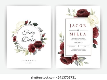 Wedding invitation card template set with  white and red rose flower watercolor wreath leave vector