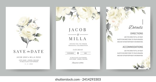 Wedding invitation card template set with white rose bouquet watercolor painting