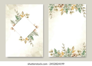 wedding invitation card template set with watercolor leaves decoration