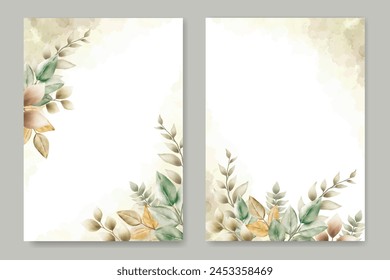 wedding invitation card template set with watercolor leaves decoration