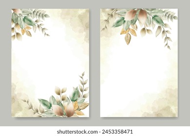 wedding invitation card template set with watercolor leaves decoration