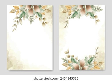 wedding invitation card template set with watercolor leaves decoration 