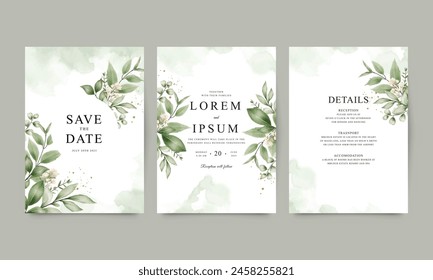 Wedding invitation card template set with elegant watercolor flowers and leaves