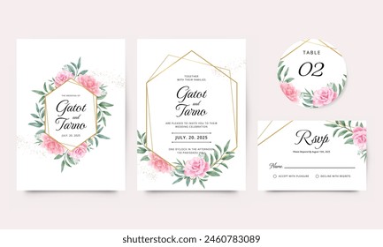 Wedding invitation card template set with golden geometric frame rose flower and green leaves watercolor illustration